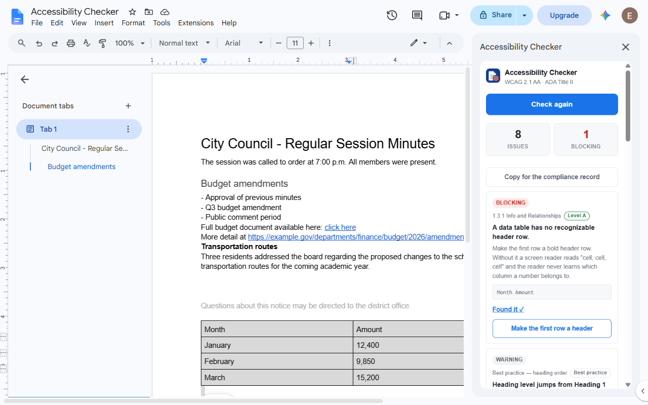After clicking Take me there, the budget table in the document is selected and
                  highlighted, and the sidebar link now reads Found it.