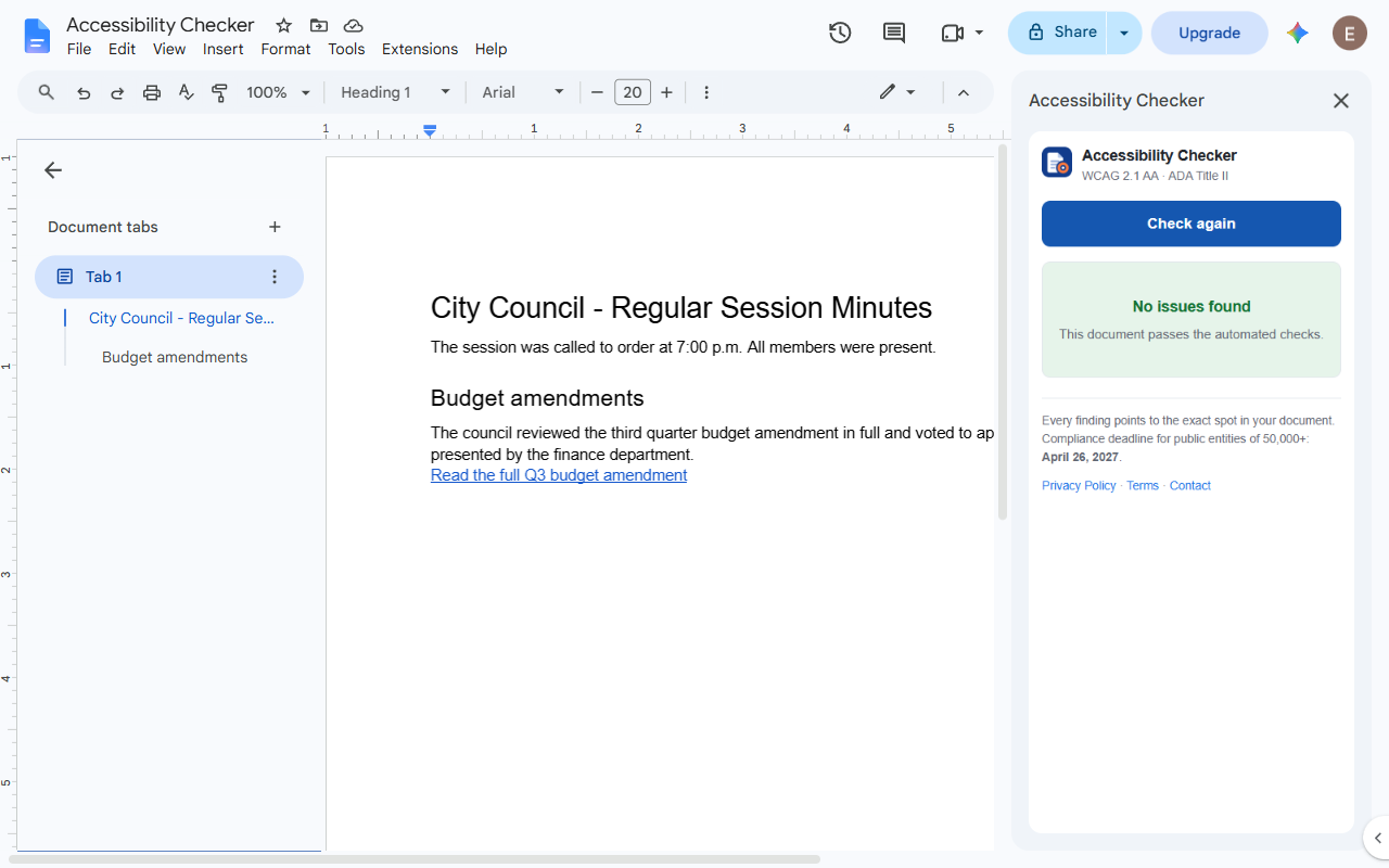 The same document after the fixes, with a green panel in the sidebar reading
                  No issues found, this document passes the automated checks.